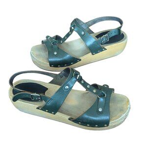 Swedish Hasbeens Wooden Platform Studded Sandal Scandi Girl Strappy Clog Boho